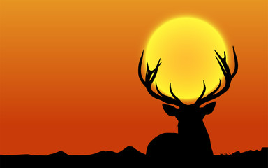 Deer silhouette at sunset. Vector Illustration.
