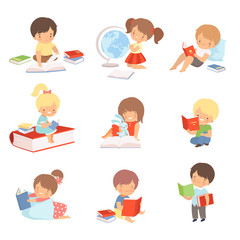 Kid Characters Learning to Read Vector Illustrations Set