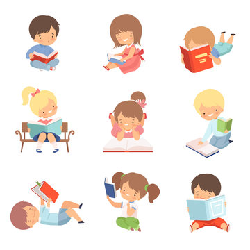 Kid Characters Learning to Read Vector Illustrations Set