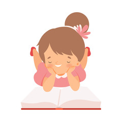 Little Girl Lying on Floor and Learning to Read Vector Illustration