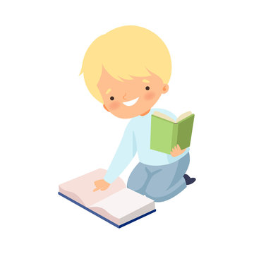 Boy Character Sitting on Floor and Learning How to Read