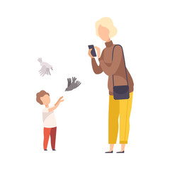 Faceless Blonde Woman Making Photo of Kid with Pigeons in the Park Vector Illustration