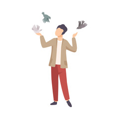Young Man Wearing Jacket Feeding Pigeons From His Hand Vector Illustration