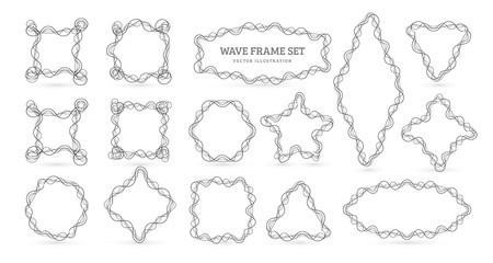 Collection of frames from tangled lines. Frames of complex pulsating lines for musical equalizer. Geometric shapes set from ball of thread. Elegant borders for text, vector illustration.