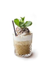 Delicious chocolate milk dessert with  mint on white background
