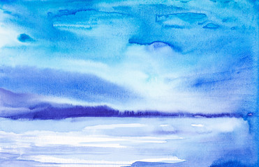 Obraz premium Watercolor illustration of a beautiful summer forest landscape by the lake.Night
