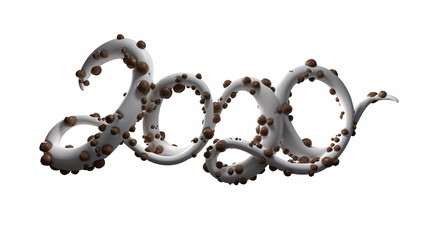 Happy New Year Banner with 2020 Numbers made by sugar white caramel and chocolate balls isolated on white Background. abstract 3d illustration creative lettering