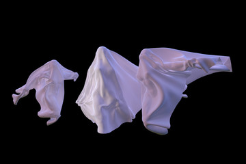 Group of 3 flying White Ghosts female figures covered with a blanket sheet on Black Background. Halloween 3d illustration