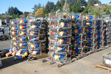 Crab traps and floats in the Yaquina marina