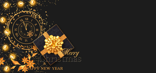 Christmas black, dark background, gift boxes decorated with a golden big bow, shiny tinsel, confetti, balls, lights of illumination, garland, clock, Happy New Year, mixed media, 3D rendering