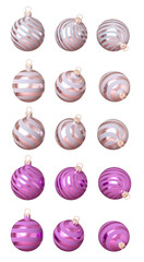 Set. Christmas decoration round shiny balls, pale pink, isolated on a white background, 3D rendering.