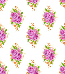 Nahtloses Blumenmuster, ein Strauß schöner realistischer rosa Rosen, goldene geometrische Formen.