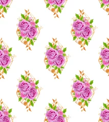 Kunstfelldecke mit Foto Blumen Nahtloses Blumenmuster, ein Strauß schöner realistischer rosa Rosen, goldene geometrische Formen.