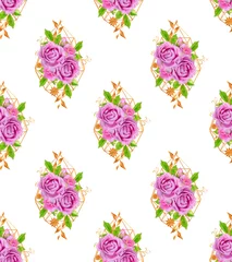 Verduisterende gordijnen Bloemen Naadloos bloemenpatroon, een boeket van mooie realistische roze rozen, gouden geometrische vormen.