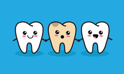 Cute kawaii teeth characters with one unhealthy tooth. Caries or tooth decay concept