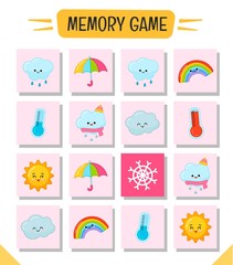 Memory game for preschool children, vector cards with weather conditions. Find two identical picture. Kids activity page for book. 