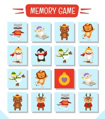 Memory game for preschool children, vector cards with cute christmas character. Find two identical picture. Kids activity page for book. 