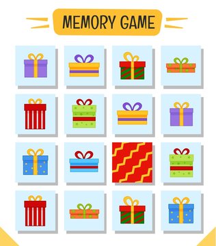 Memory game for preschool children, vector cards with christmas gifts. Find two identical picture. Kids activity page for book. 