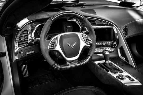 BERLIN - JUNE 09, 2018: Interior of the sports car Chevrolet Corvette Z06 (Seventh generation), 2017. Black and white. Classic Days Berlin 2018.