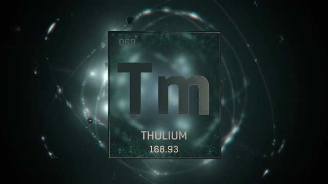 Thulium as Element 69 of the Periodic Table. Seamlessly looping 3D animation on green illuminated atom design background with orbiting electrons. Design shows name, atomic weight and element number