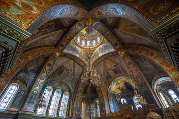 Fototapeta na wymiar Saint Petersburg, Russia - Inside interior of The orthodox Church of the Dormition of the Mother of God or Church of the Assumption of the Blessed Virgin Mary