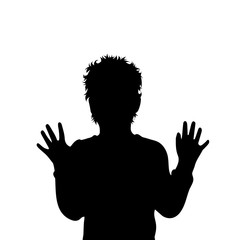 Vector silhouette of boy on white background. Symbol of child, childhood, school, infantile, profile, salute, wave.