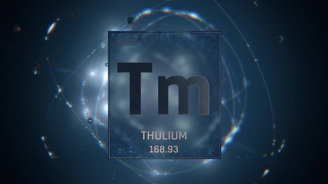 Thulium as Element 69 of the Periodic Table. Seamlessly looping 3D animation on blue illuminated atom design background with orbiting electrons. Design shows name, atomic weight and element number