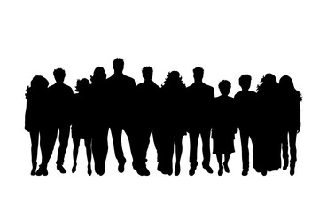 Vector silhouette of group of people on white background. Symbol of girl, boy, man, band, company, woman, set, team, work, anonymous, nameless.