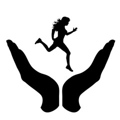 Vector silhouette of a hand in a protection gesture protecting a running girl. Symbol of insurance, woman, female, people, person, run, jogging, defensive, healthy, safe, security, support.