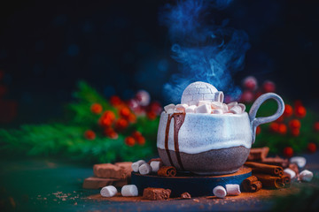 Hot chocolate with marshmallows and a miniature sweet igloo, winter drink concept with copy space....