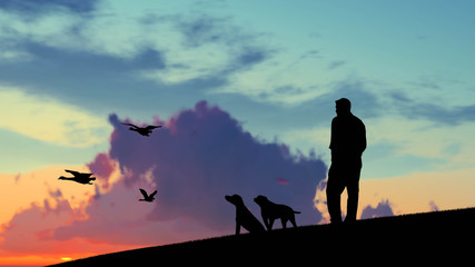 Fototapeta na wymiar Man With Dog Outdoor at Sky 3D Rendering
