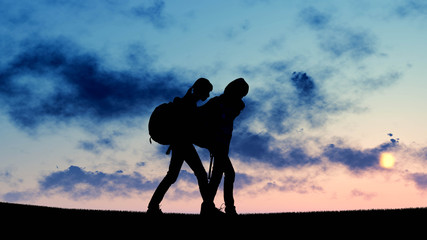 People Traveling With Bag Silhouette at sunset 3D Rendering
