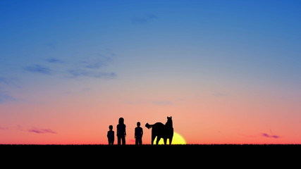 Fototapeta na wymiar Family silhouette at Sunset 3D Rendering