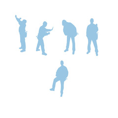 Vector silhouettes of a group of people, men and women, stand tall, cheerful, bodies in light summer clothes, in various poses, in dance movements.
