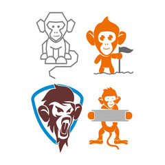 Monkey Shield Banner Line Flag Logo Design Template Vector Set