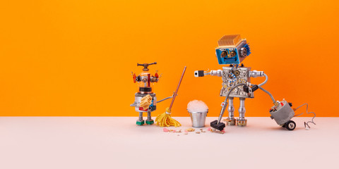 Artificial intelligence machine learning. An experienced robot explains how to clean garbage using...