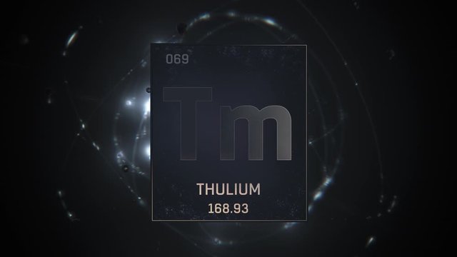 Thulium as Element 69 of the Periodic Table. Seamlessly looping 3D animation on silver illuminated atom design background with orbiting electrons. Design shows name, atomic weight and element number
