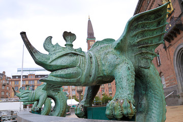 Bronze dragon statue in front of the Copenhagen City Hall, Denmark