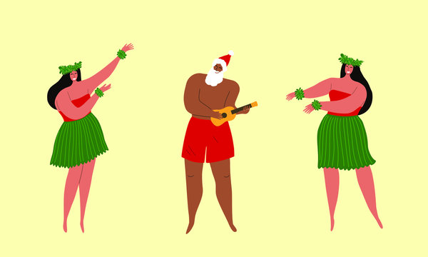 Hawaiian hula dancers around man with ukulele and Santa Claus style beard and hat dancing and Celebrating Christmas in tropics on a muted yellow background
