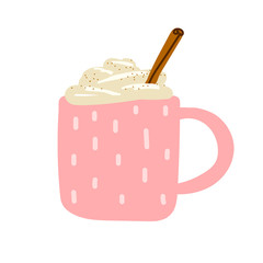 Cozy scandinavian food vector illustration. A pink cup is filled with hot drink, foam, cream, cinnamon. Eggnog, coffee, cocoa, chocolate, milk isolated on a white background. Winter holidays element