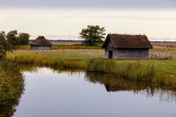 Traditional wooden buildings with thatched roofs in Estonia, Matsalu National Park. Huts by the...