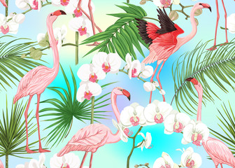 Fototapety  Seamless pattern, background with tropical plants, flowers and birds. Colored vector illustration. In light ultra violet pastel colors on mesh pink, blue background