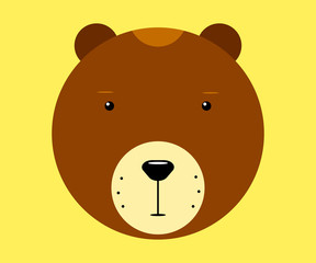 Kawaii bear. Cute animal face on a yellow background. Funny brown character with small eyes and a round face in a minimalistic geometric style