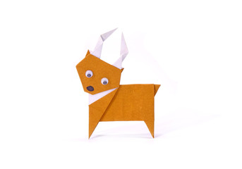 Origami Christmas paper art : Reindeer isolated on white background. Greeting season of Christmas and New year