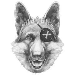 Portrait of German Shepherd with diadem and eye patch. Hand-drawn illustration. 