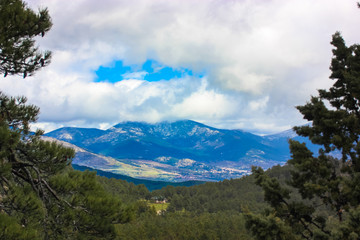 A view on Madrid from Escorial Monastery - the palace and residence of King Philip II of Spain. Located near Madrid at the foot of the Sierra de Guadarrama mountains.