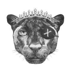 Portrait of Panther with diadem and eye patch. Hand-drawn illustration. 