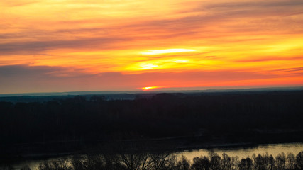 Sunrise with river, aerial view