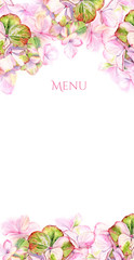 Watercolor Hortensia menu card template. Big detailed hydrangea flowers with pastel green color. Hand drawn floral illustration on white background for wedding stationery design, reception cards
