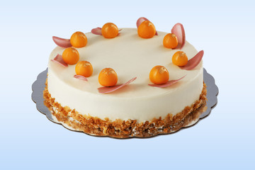 Chocolate cake with physalis fruits, cream, nuts and mousse